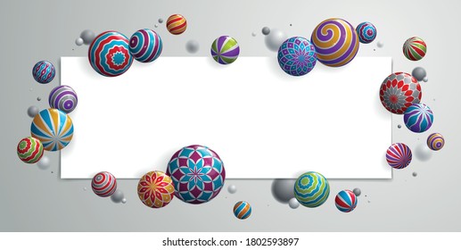 Abstract glossy realistic spheres vector background with blank paper sheet, composition of flying balls decorated with patterns, 3D mixed realistic globes, realistic depth of field effect.