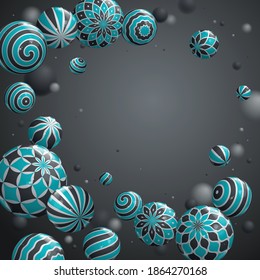 Abstract glossy realistic spheres vector background with blank copy space, composition of flying balls decorated with patterns, 3D mixed realistic globes, realistic depth of field effect.