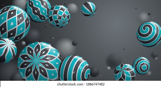 Abstrakte, glänzende, realistische Kugeln, Vektorhintergrund mit leerem Kopienraum, Zusammensetzung von Fliegerbällen mit Mustern, 3D-gemischte realistische Kugeln, realistische Tiefenwirkung des Feldeffekts.