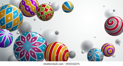 Abstract glossy realistic spheres vector background with blank copy space, composition of flying balls decorated with patterns, 3D mixed realistic globes, realistic depth of field effect.