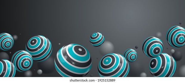 Abstrakte, glänzende, realistische Kugeln, Vektorhintergrund mit leerem Kopienraum, Zusammensetzung von Fliegerbällen mit Mustern, 3D-gemischte realistische Kugeln, realistische Tiefenwirkung des Feldeffekts.