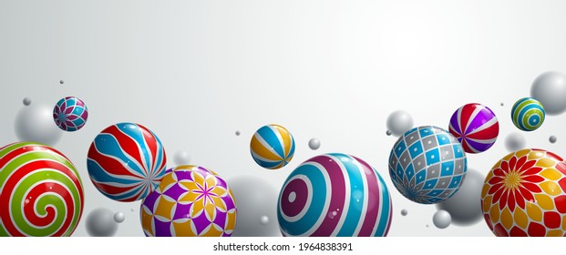 Abstract glossy realistic spheres vector background with blank copy space, composition of flying balls decorated with patterns, 3D mixed realistic globes, realistic depth of field effect.