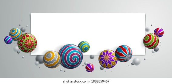 Abstrakte, glänzende, realistische Kugeln, Vektorhintergrund mit leerem Papierblatt, Zusammensetzung der mit Mustern geschmückten Flugbälle, 3D-gemischte realistische Globen, realistische Tiefenwirkung des Feldeffekts.