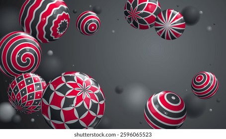 Abstract glossy realistic spheres vector background with blank copy space, composition of flying balls decorated with patterns, 3D mixed realistic globes, realistic depth of field effect.