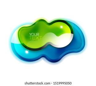 Abstract glossy shiny shape. Liquid glass splash design with sample text. Promotion web box, clean futuristic techno frame.