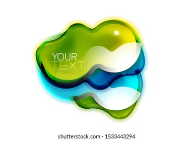 Abstract glossy shiny shape. Liquid glass splash design with sample text. Promotion web box, clean futuristic techno frame.