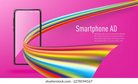 Abstract Glossy Smartphone Mockup With Rainbow Ribbon Ad Template. EPS10 Vector