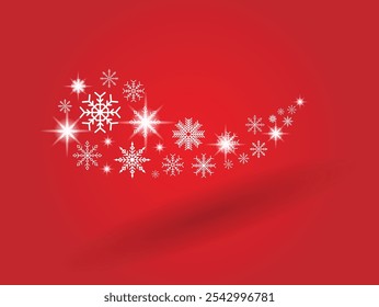 Abstract Glossy Snowflakes Blown by Blizzard on Red. International winter holiday Christmas and New Year decoration vector art