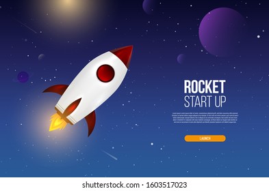 Abstract glossy spaceship flying across starry sky and copy space for text. Start up concept. Vector illustration.