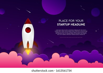 Abstract glossy spaceship flying from clouds to stars - copy space for text. Start up concept. Vector illustration.