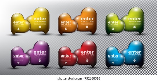 Abstract glossy speech bubbles set of 6. Bubble balloon quote in form of heart. Heart icons. Isolated with transparent glass shine and shadow on the light background. Vector illustration. Eps10. - Powered by Shutterstock - Get 15% off with code: PIKWIZARD15