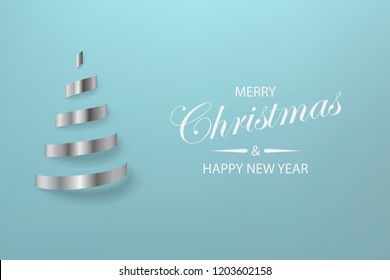 Abstract glossy spiral Christmas tree. Silver coil metallic ribbon.  New year and xmas decoration concept. 3d minimal pastel colored background
