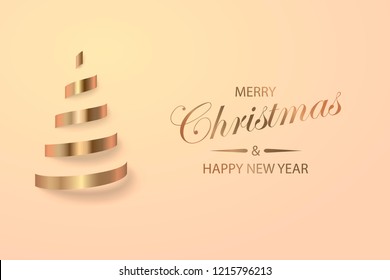 Abstract glossy spiral Christmas tree. Golden coil metallic ribbon.  New year and xmas decoration concept. 3d minimal pastel colored background