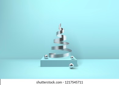 Abstract glossy spiral Christmas tree. Silver coil metallic ribbon and spheres on podium.  New year and xmas decoration concept. 3d minimal pastel colored background