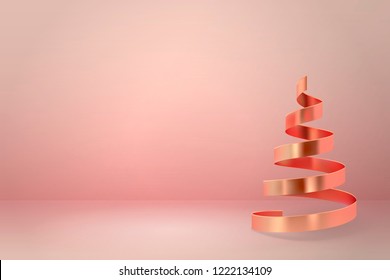 Abstract glossy spiral Christmas tree. Golden coil metallic ribbon.  New year and xmas decoration concept. 3d minimal pastel colored background
