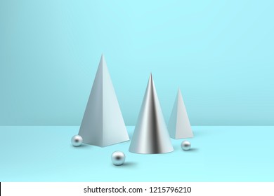 Abstract glossy spiral Christmas trees. Silver coil metallic pyramid, cone and sphere geometric shapes.  New year and xmas decoration concept. 3d minimal pastel colored background