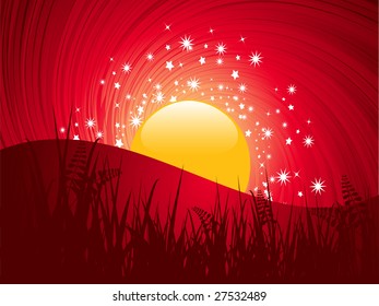 abstract glossy sun setting in a swirling red sky behind hill and grass