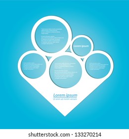 Abstract glossy white origami speech bubble on blue background. Vector abstract cut paper background. Blue brochure design template. Circle abstract design.