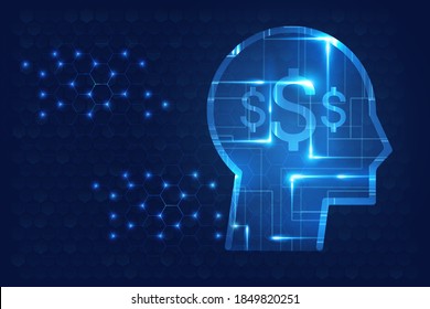 Abstract glow human head with money in brain