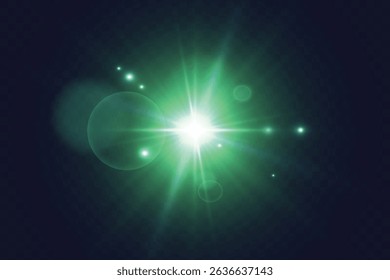 Abstract glow and lens flare effect for illustrations and game interface design. Bright green glow of light lens reflection. Vector