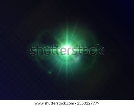 Abstract glow and lens flare effect for illustrations and game interface design. Bright green glow of light lens reflection. Vector