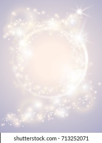 Abstract glow light spark circle frame bright Christmas background. Sparkling festive design poster. Glitter magic round border. Fantasy greeting card.