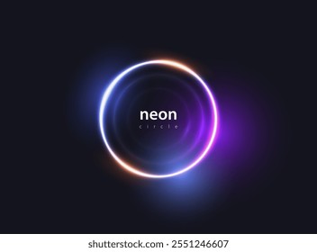 Abstract glow neon ring background. Shine round frame with light circles and blue and purple light effect. Vector glowing flare round Christmas banner on black background. Space for your message