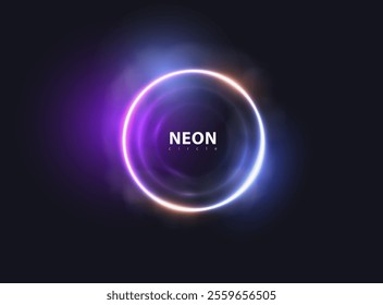 Abstract glow neon ring background. Shine round frame with light circles, smoke fog and blue and purple light effect. Vector glowing flare round Christmas banner on black background