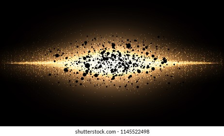 Abstract glow on a dark background. Glare in outer space. A golden dust trail from a cosmic explosion. Vector background