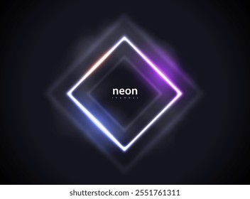 Abstract glow rhombus neon line background. Shine rhomb frame with light reflection, smoke fog and blue and purple light effect. Vector glowing flare diamond Christmas banner on black background