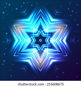 Abstract glow snowflake on blue dark background