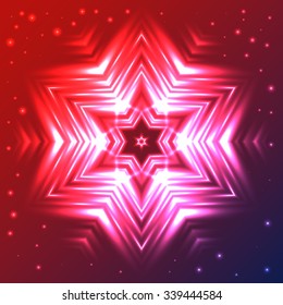 Abstract glow snowflake on red and blue gradient background with sparkles