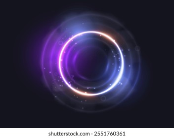 Fondo de anillo de neón brillante Abstractas. Brillar marco redondo con círculos de luz, niebla de humo, chispas y efecto de luz azul y púrpura. Anuncio de Navidades redondas brillantes del destello del Vector en fondo negro