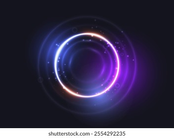 Abstract glow sparkling neon ring background. Shine round frame with light circles, sparks and blue and purple light effect. Vector glowing flare round Christmas banner on black background