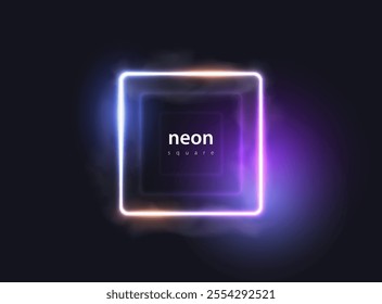 Abstract glow square neon line background. Shine rectangle frame with light reflection, smoke fog and blue and purple light effect. Vector glowing flare square Christmas banner on black background