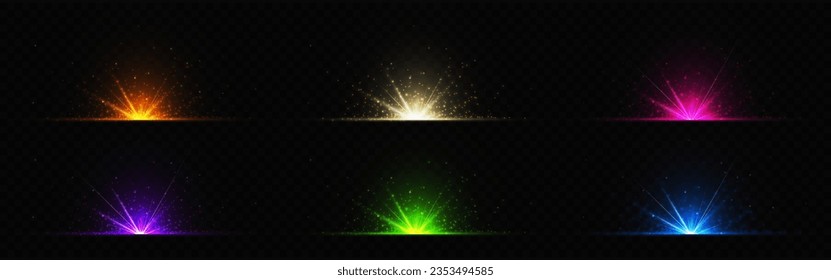 Abstract glow star or sun light effect - realistic vector illustration set of bright flash ray with sparkles of various colors on dark background. Transparent spotlight or explode beam with glitter.