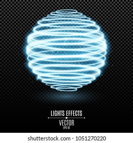 Abstract glowing 3d sphere from blue neon lines on a transparent background. Light effect. Luminous graphic element. Ui technology. Magical glowing dust. Vector illustration. EPS 10