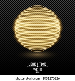 Abstract glowing 3d sphere from golden neon lines on a transparent background. Light effect. Luminous graphic element. Vector illustration. EPS 10