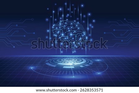 Abstract glowing AI brain with circuit lines and digital hologram interface on a futuristic tech background.
