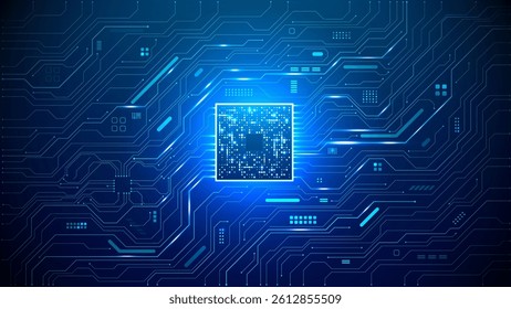 Abstract glowing AI processor on digital circuit board background in futuristic style. Light neon blue AI chip with bright light pixels. Data elements. Tech bg. Technology banner. Vector illustration.