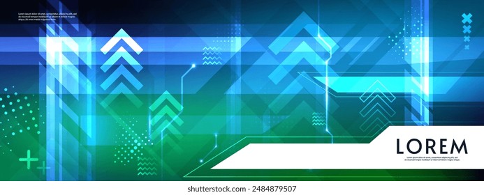Abstractas flechas brillantes sobre fondo degradado verde y azul. Ilustración vectorial. Plantilla diseño futurista. 