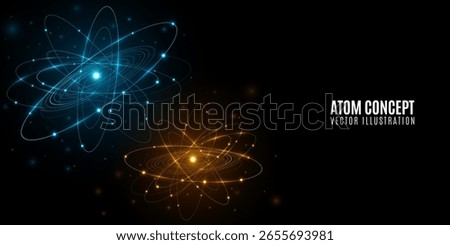 Abstract glowing atoms featuring blue elliptical rings circling a radiant central core on black background. Atomic structure backdrop for scientific research presentation or website. Vector.