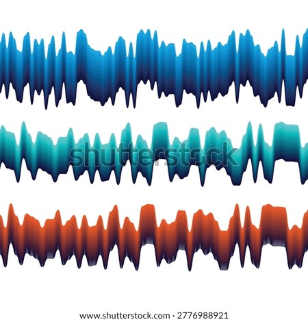 Abstract glowing audio waveform background featuring smooth neon blue and orange sound waves on a deep dark blue backdrop. Modern digital music visualization concept ideal for podcast cover, DJ banner, technology presentation, music streaming, equalizer background, and audio production design. High contrast vibrant gradient wave pattern representing sound frequency and voice signal.