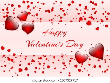 Abstract glowing background with bright red hearts and confetti for romantical design for Valentine's Day. Vector illustration