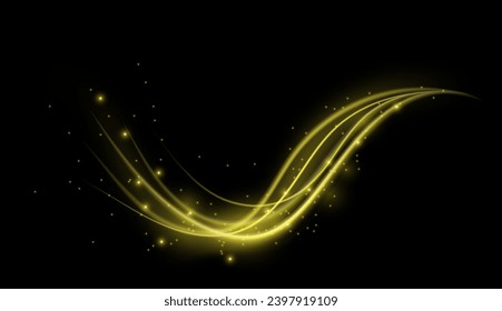 Abstract glowing background of bright yellow lines with glitter on black.