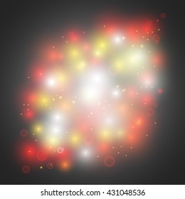 Abstract glowing background. Space. Stars. Flash, bokeh, sparkles. Flares. Explosion. Light effect. Vector illustration.
