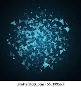 Abstract glowing background in the style of plexus. The flying triangles are blue in the dark. Big data and sci-fi. Modern technologies in design. Vector illustration