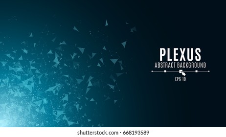 Abstract glowing background in the style of plexus. The flying triangles are blue in the dark. Big data. Modern technologies in design. Vector illustration