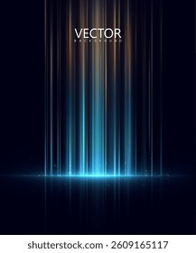 Abstract glowing background with vertical neon rays in blue and gold tones on a dark background. for sci-fi scenes, digital design, futuristic interfaces.	