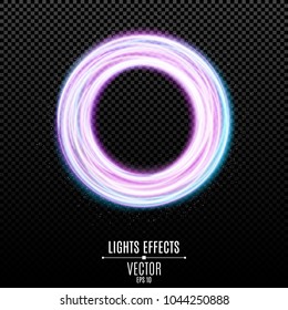 Abstract glowing banner of blue yellow neon lines. Futuristic graphic element on a transparent background for your design. Flying glowing dust. Vector illustration. EPS 10